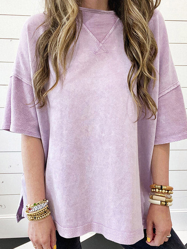 Split-Joint Half Sleeves High-Low Round-Neck T-Shirts Tops