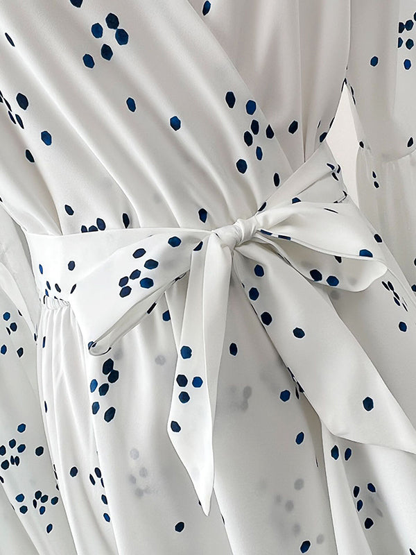 Pleated Polka-Dot Tied Waist High Waisted High-Low V-Neck Maxi Dresses