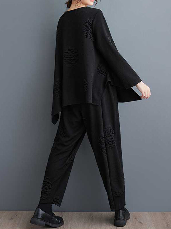 Split-Joint V-Neck Long Sleeves Asymmetric Solid Color T-Shirts Top + Harem Pants Elasticity Pants Bottom Two Pieces Set