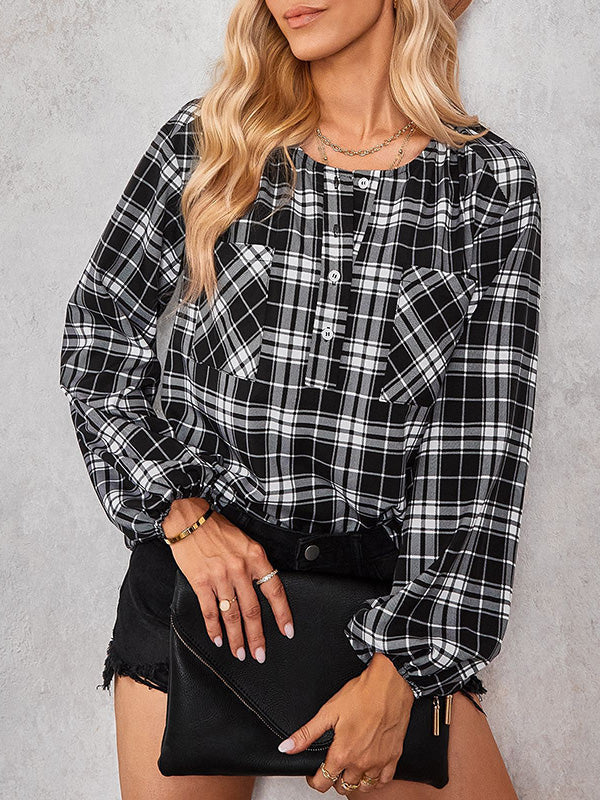 Buttoned Elasticity Plaid Pockets Long Sleeves Loose Round-Neck Blouses&Shirts Tops
