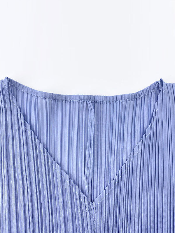 Urban Pleated Solid Color V-Neck Long Sleeves T-Shirt&Flared Pantstwo Pieces Set
