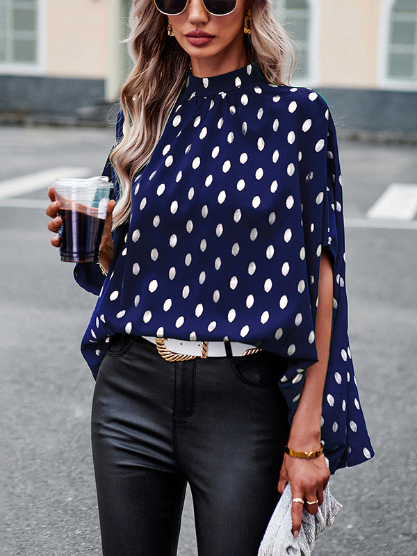 Bandage Polka Dot Loose Round-Neck Blouses&Shirts Tops