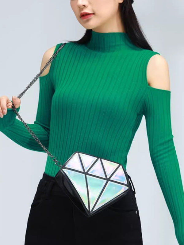 Hollow Solid Color Long Sleeves Skinny Mock Neck Sweater Tops Pullovers Knitwear