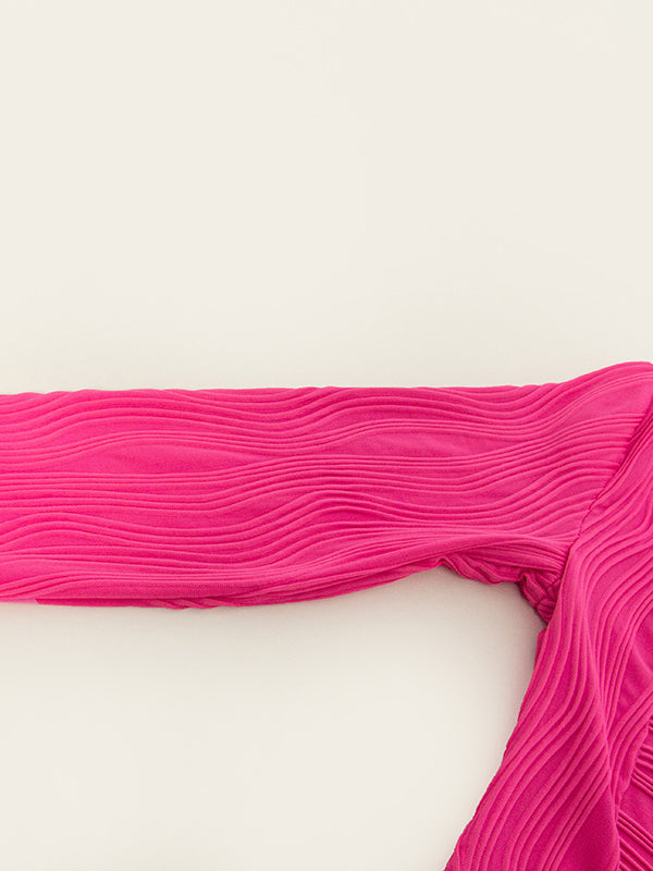 Pleated Solid Color Split-Joint Bodycon Long Sleeves Round-Neck Mini Dresses