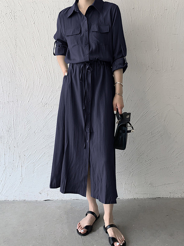Casual A-Line Long Sleeves Bandage Solid Color Lapel Collar Shirt Midi Dresses