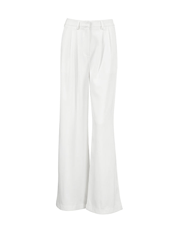 No Belt Pleated Pockets Solid Color High Waisted Loose Trousers Suit Pants