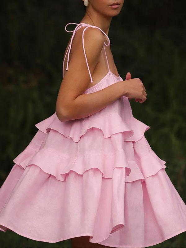 Backless Layered Pleated Solid Color A-Line High Waisted Spaghetti-Neck Mini Dresses