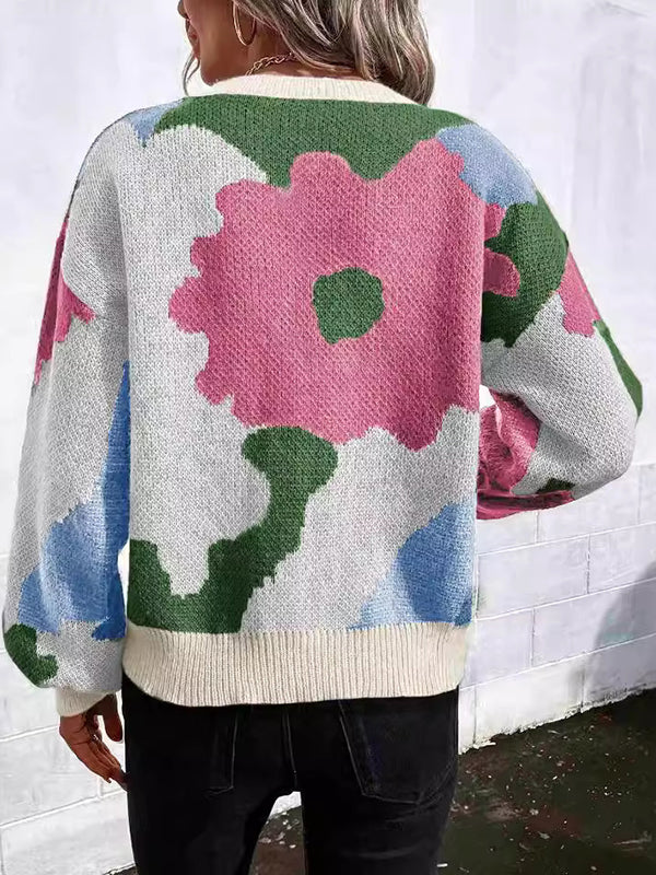 Asymmetric Knitted Flower Split-Joint Loose Puff Sleeves Round-Neck Sweater Tops
