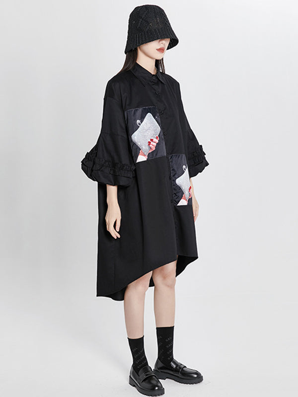 Loose High-Low Irregular Applique Shirt Dress Midi Dress