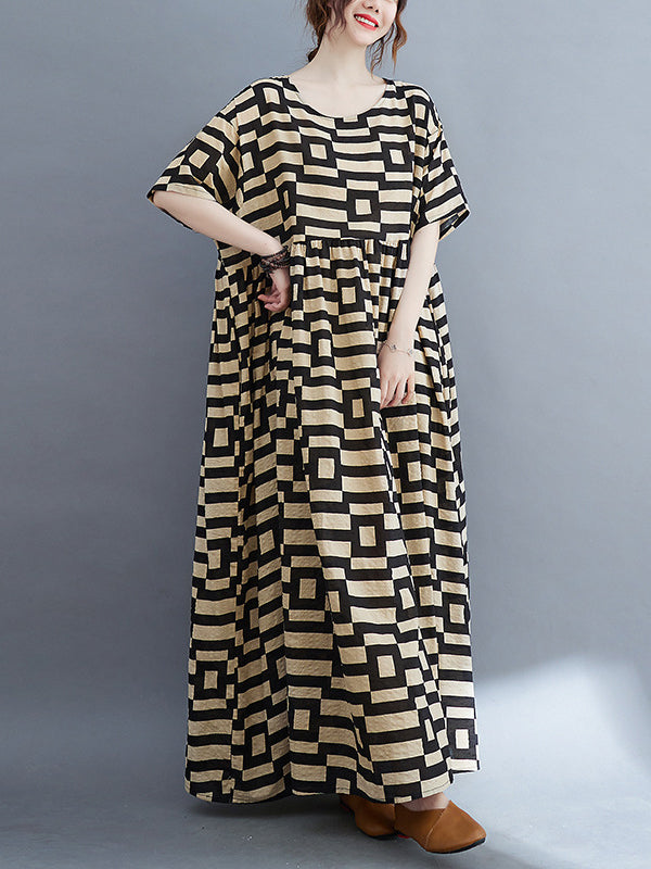 Plaid Loose Short Sleeves Round-Neck Midi Dresses