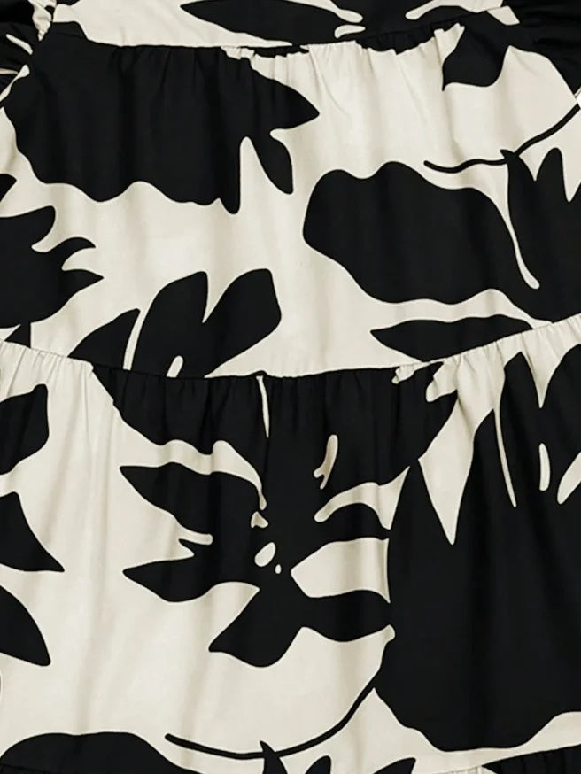 Flower Print Pleated Loose Ruffle Sleeves Round-Neck Midi Dresses