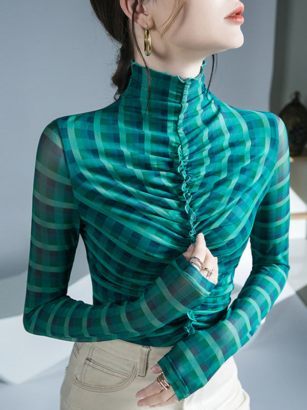 Contrast Color Plaid Pleated Split-Joint Long Sleeves Skinny High-Neck Blouses&Shirts Tops