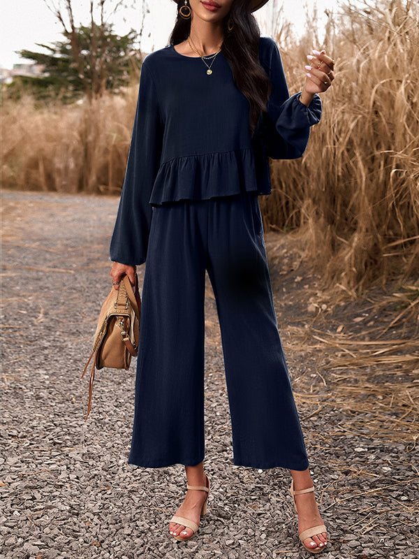 Round-Neck Long Sleeves Loose Pleated Solid Color Split-Joint Shirts Top + Pants Bottom Two Pieces Set