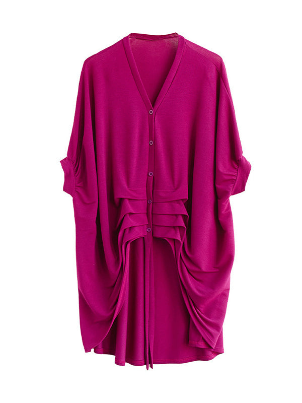 Drawstring Solid Color Half Sleeves Irregular Clipping V-Neck Outerwear
