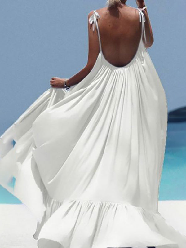 Pleated Pockets Solid Color Split-Joint A-Line Loose Asymmetric Collar Maxi Dresses