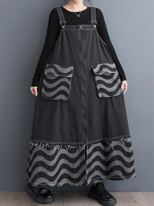 Split-Joint Striped Zipper A-Line Loose Adjustable Straps Midi Dresses