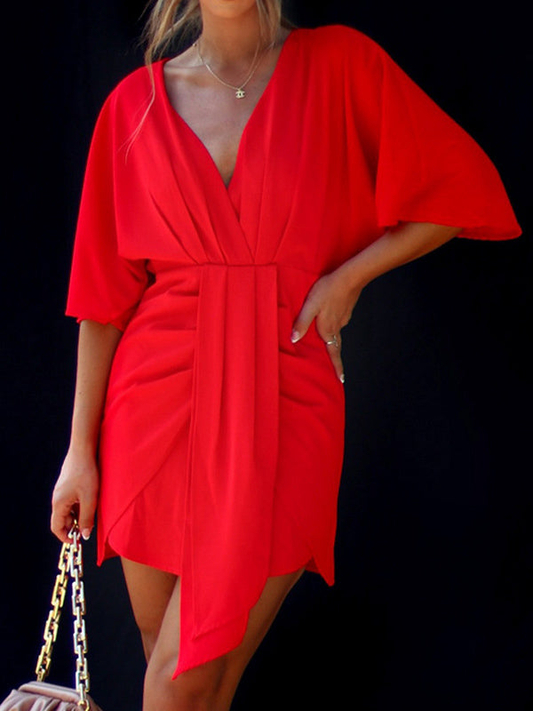 Pleated Solid Color Split-Joint Batwing Sleeves Skinny V-Neck Mini Dresses