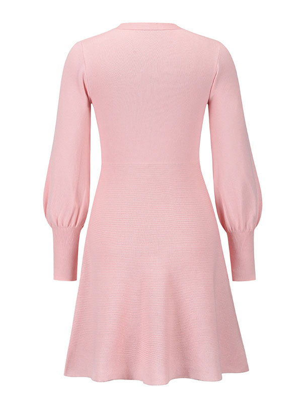 Solid Color Puff Sleeves Wrap Round-Neck Sweater Dress