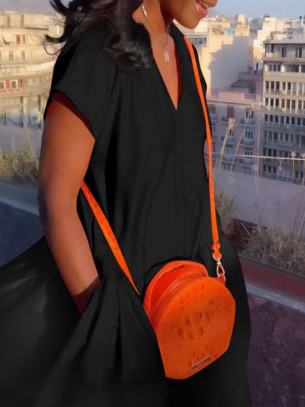 Pleated Pockets Solid Color Split-Joint Loose Short Sleeves V-Neck Maxi Dresses