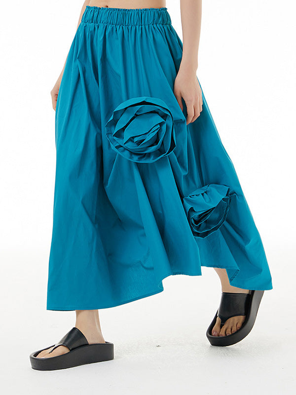Asymmetric Elasticity Solid Color Three-Dimensional Flower Loose Skirts Bottoms
