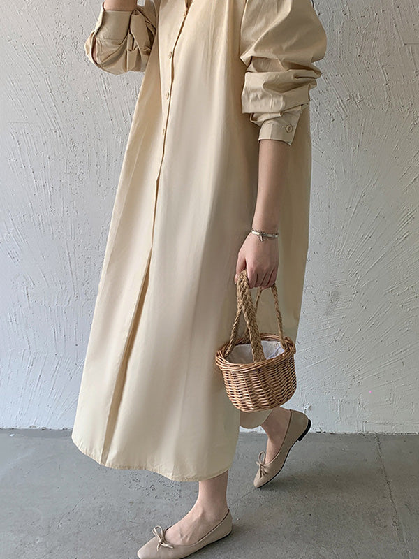 Urban Loose Solid Color Lapel Collar Shirt Midi Dresses