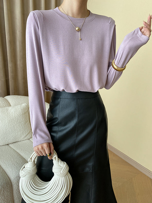 Solid Color Split-Joint Long Sleeves Round-Neck T-Shirts Tops