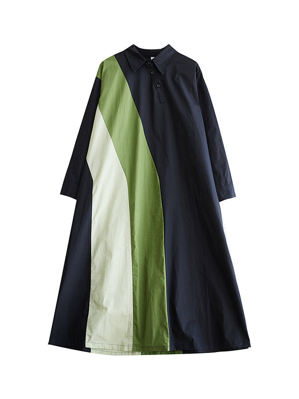 Asymmetric Buttoned Contrast Color Long Sleeves Loose Lapel Midi Dresses