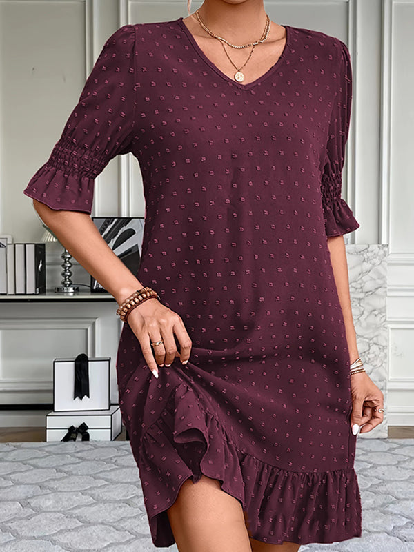 Elasticity Jacquard Pleated Solid Color Split-Joint A-Line Flared Sleeves V-Neck Mini Dresses