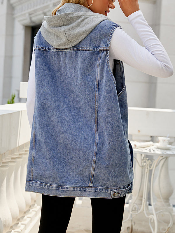 Buttoned Detachable Drawstring Hooded Pockets Split-Joint Loose Sleeveless Polo Vest Outerwear
