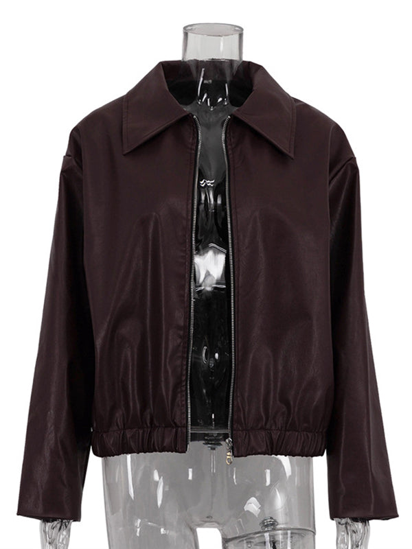 Elasticity Solid Color Zipper Long Sleeves Loose Lapel Outerwear Jackets