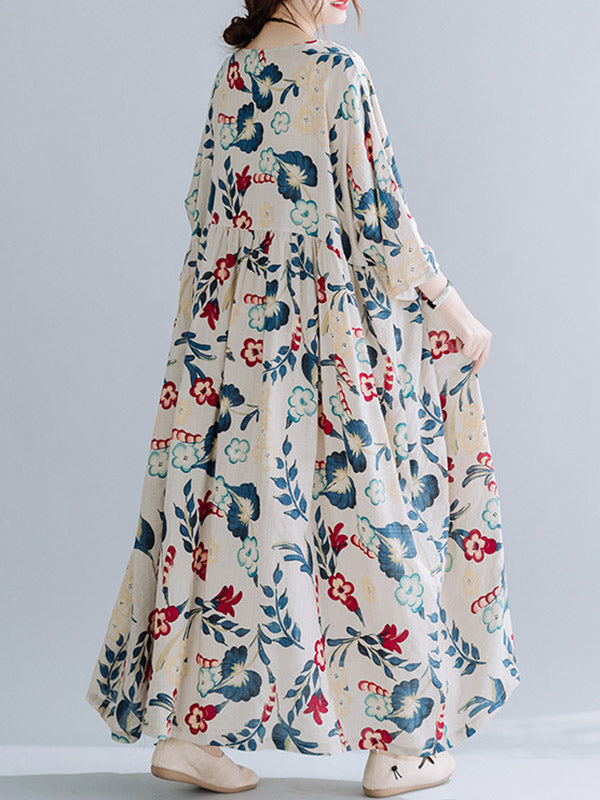 Casual Floral Printed Split-Joint Round-Neck Flared Batwing Sleeves Loose Maxi Dress
