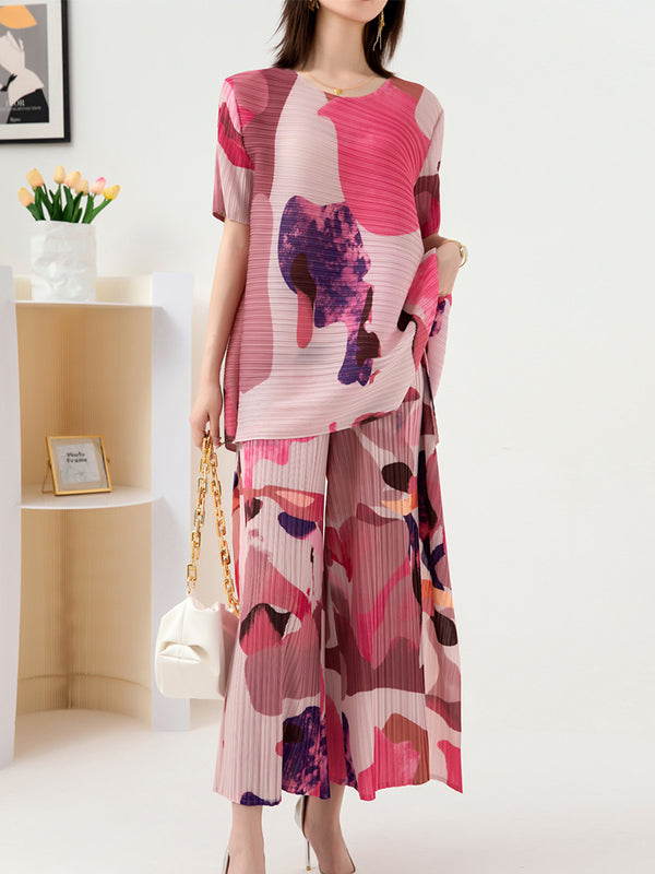 Original Loose Short Sleeves Contrast Color Printed Round-Neck T-Shirt Tops&Wide Legs Pants Two Pieces Set