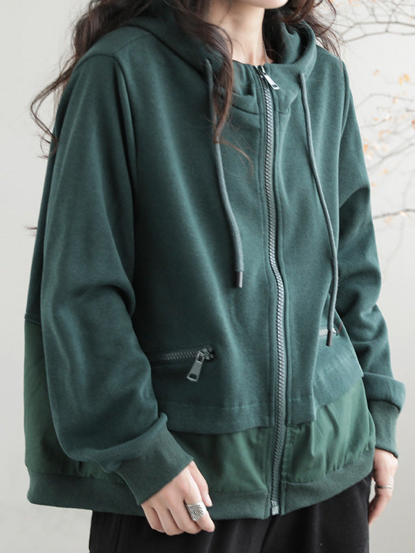 Artistic Retro Loose Long Sleeves Solid Color Zipper Hooded Outerwear