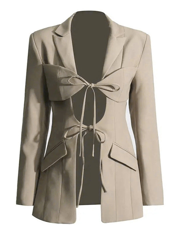 Pockets Solid Color Tied Long Sleeves Loose Notched Collar Outerwear Blazer