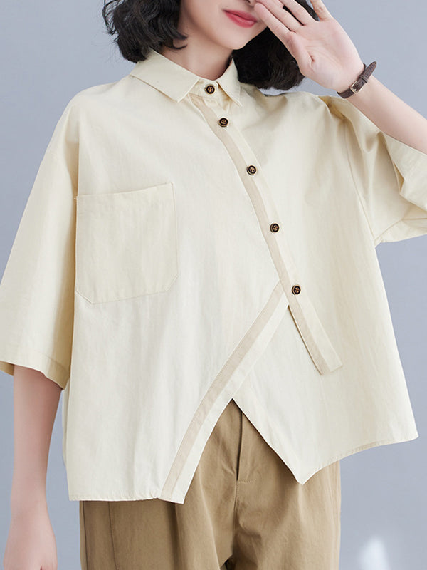 Half Sleeves Irregular clipping Lapel Blouses&shirts Tops