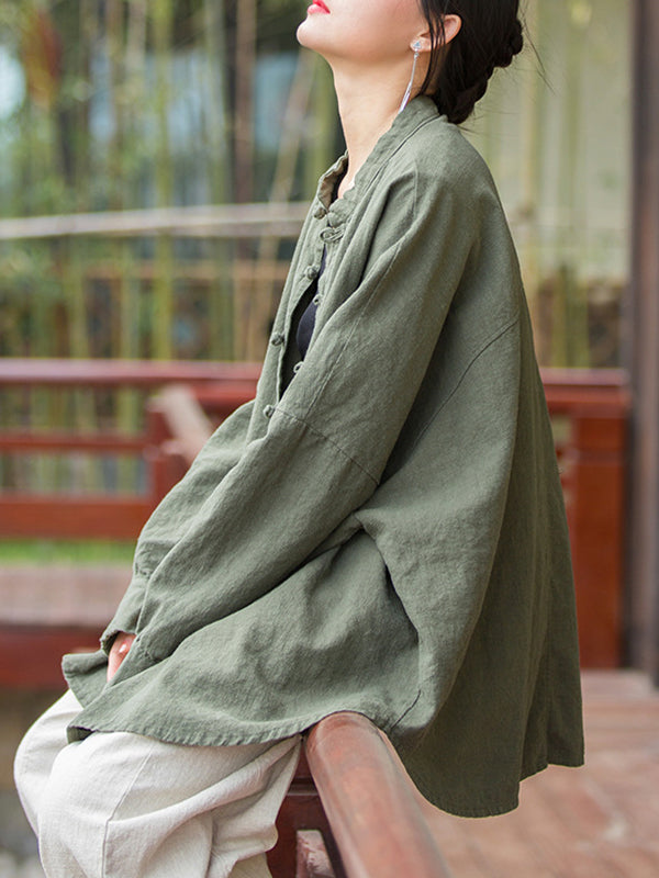 Chinese Frog Buttons Pleated Solid Color Split-Joint Batwing Sleeves Loose Stand Collar Blouses
