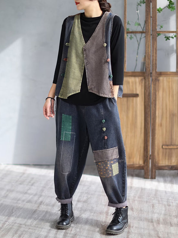 Loose Split-Joint V-Neck Vest Top + Jean Harem Pants Bottoms  Two Pieces Set
