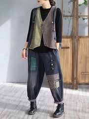 Loose Split-Joint V-Neck Vest Top + Jean Harem Pants Bottoms  Two Pieces Set