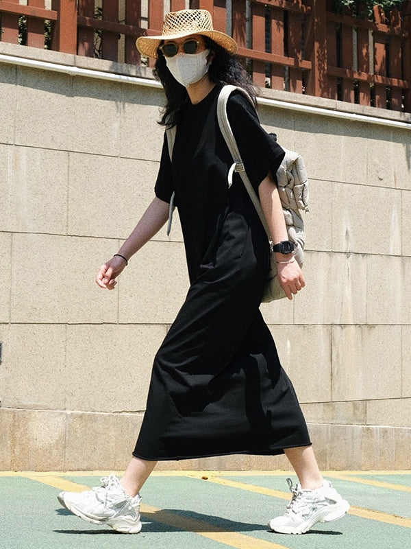 Casual Short Sleeves Solid Color Round-Neck Maxi Dress