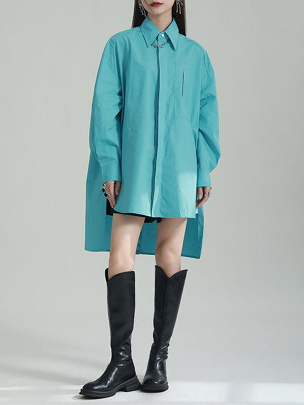 Solid Color Split-side High-low Irregular clipping Lapel Shirts Tops