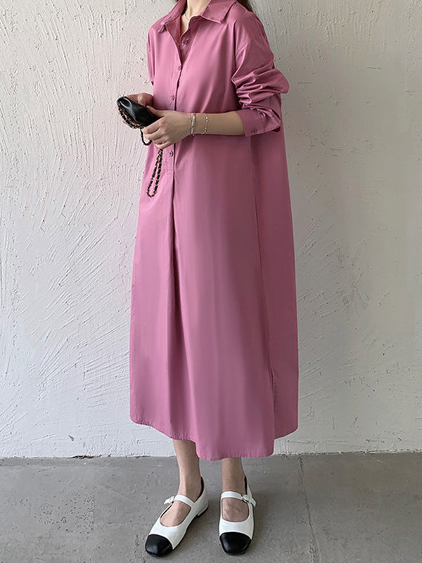 Urban Loose Solid Color Lapel Collar Shirt Midi Dresses