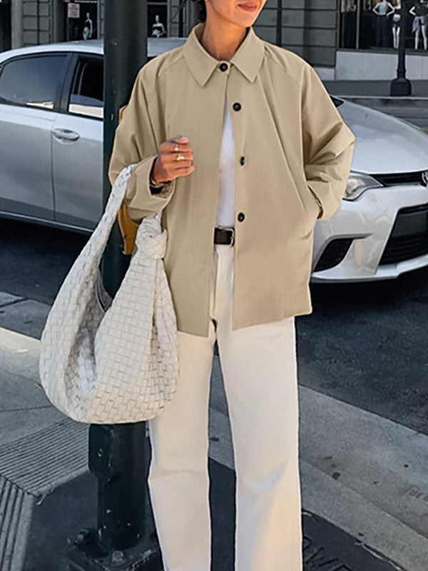 Buttoned Pockets Long Sleeves Loose Lapel Trench Coats Outerwear