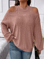 Hollow Solid Color Split-Joint Long Sleeves Loose Cold Shoulder T-Shirts Tops