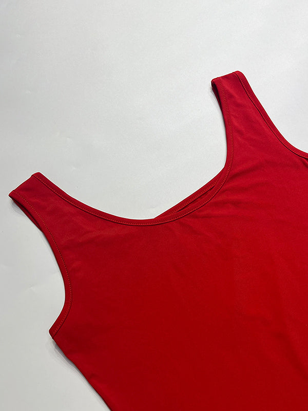 Asymmetric Solid Color Split-side Skinny Sleeveless Square-neck Tank Top