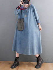 Artistic Retro Loose Denim Applique Round-Neck Long Sleeves Midi Dress