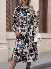 Floral Printed Split-Joint Tied Waist Loose Puff Sleeves Stand Collar Shirt Dress Midi Dresses