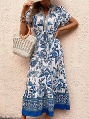 Floral Printed Pleated Split-Joint Tied Waist Loose Short Sleeves V-Neck Shirt Dress Midi Dresses