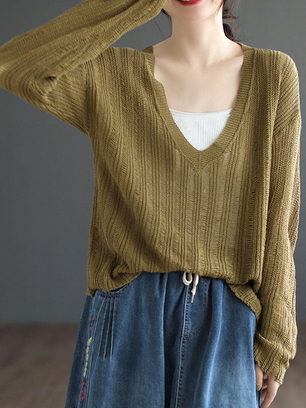 Hollow Solid Color Long Sleeves Loose V-Neck Pullovers