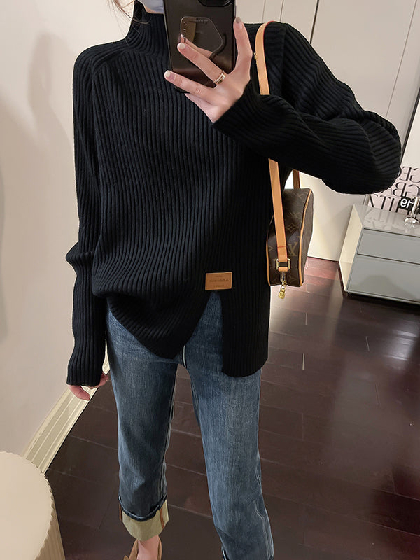 Split-Front Long Sleeves Loose Mock Neck Sweater Tops Pullovers