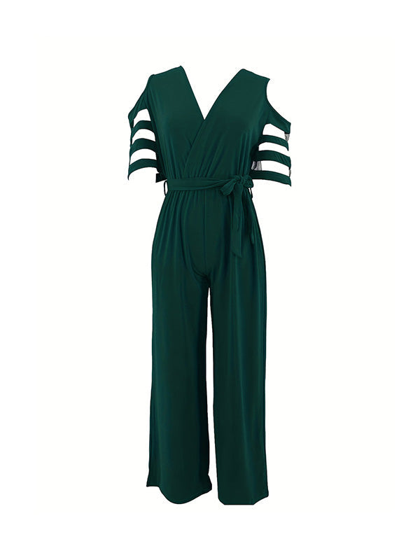 Hollow Mesh Solid Color Tied Waist High Waisted Loose V-Neck Jumpsuits